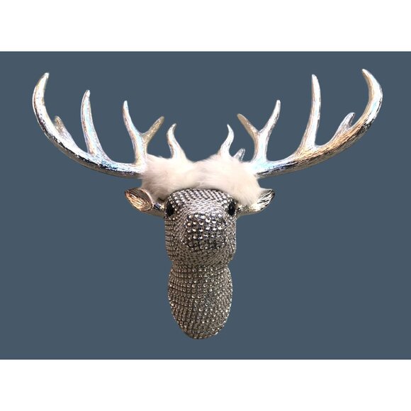 RAINDEER CHRISTMAS TREE TOPPER/WALL DECOR SILVER WITH EMBELLISHED RHINESTONES - Picture 1 of 6